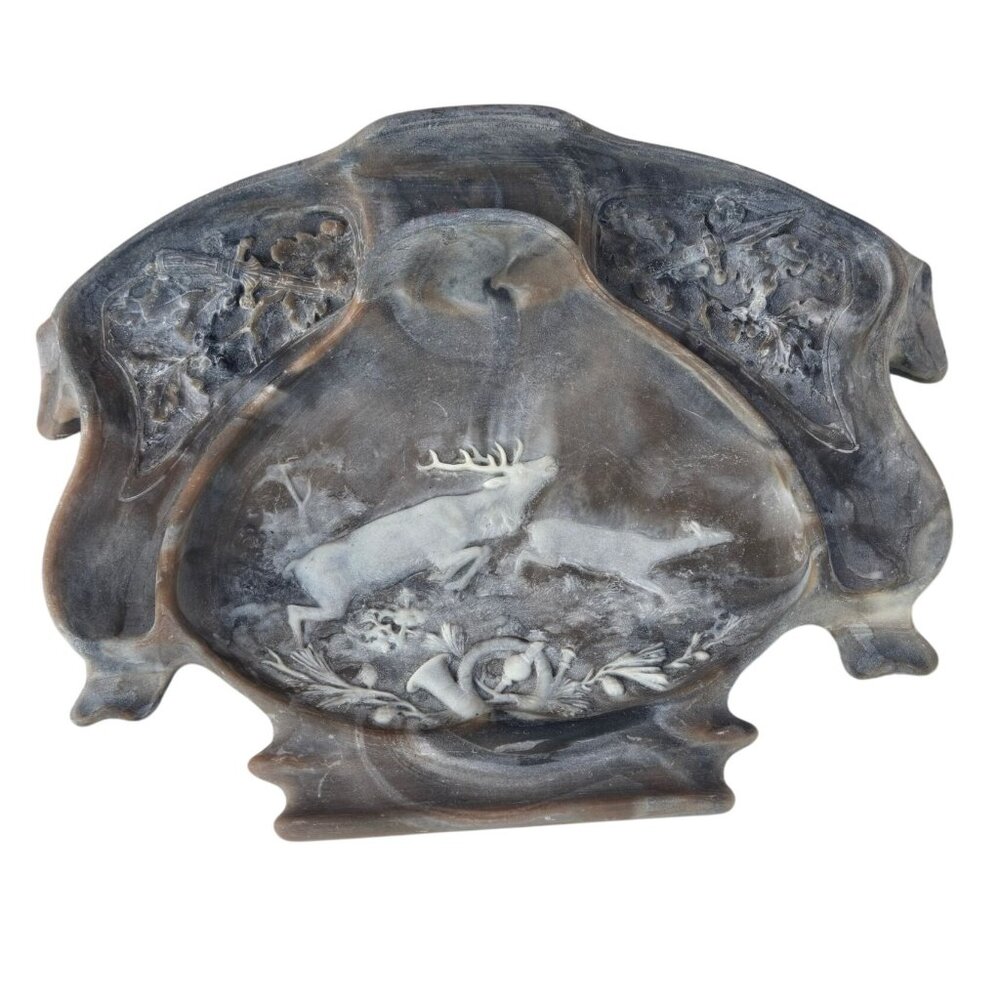 Handcrafted Genuine Incolay Stone Library Desk Tray Valet Wildlife Scene Vintage